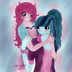 Size: 2723x2696 | Tagged: safe, artist:marcyeveret, pinkie pie, sonata dusk, equestria girls, g4, alternate hairstyle, blushing, bracelet, clothes, female, high res, hug, jewelry, lesbian, looking at each other, ship:pinata, shipping, smiling, spiked wristband, wristband