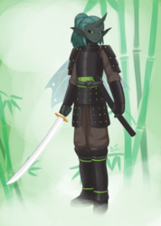 Size: 800x1125 | Tagged: safe, artist:howxu, oc, oc only, oc:prey striker, changeling, anthro, armor, bamboo, changeling oc, clothes, katana, male, outdoors, samurai, solo, standing, sword, weapon