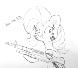 Size: 1366x1204 | Tagged: safe, artist:tjpones, rarity, pony, g4, crazy face, derp, ear fluff, eyelashes, face paint, faic, female, grayscale, gun, hoof hold, laughing, lineart, m60, machine gun, mare, missing horn, monochrome, simple background, sketch, traditional art, wahaha, war paint, weapon