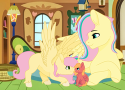 Size: 1696x1224 | Tagged: safe, artist:otayuriplisetsky, fluttershy, oc, oc:orchard, oc:sweet apple, pegasus, pony, g4, baby, baby pony, base used, brother and sister, colt, female, filly, fluttershy's cottage (interior), freckles, male, mother and child, offspring, older, parent:big macintosh, parent:fluttershy, parents:fluttermac, rainbow power, unshorn fetlocks