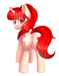 Size: 1024x1304 | Tagged: safe, artist:scarlet-spectrum, oc, oc only, oc:little vanilla, pony, unicorn, butt, commission, digital art, eye clipping through hair, female, food, freckles, ice cream, looking back, mare, plot, red hair, red mane, red tail, simple background, solo, transparent background, watermark