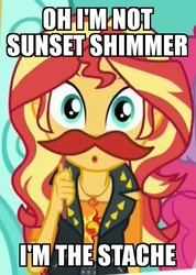Size: 410x575 | Tagged: safe, edit, edited screencap, screencap, sunset shimmer, button's adventures, equestria girls, equestria girls series, g4, rollercoaster of friendship, cropped, fake moustache, geode of empathy, image macro, meme, the stache