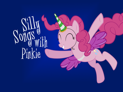 Size: 800x600 | Tagged: artist needed, safe, edit, pinkie pie, earth pony, pony, g4, ^^, alicorn party, eyes closed, female, mare, silly songs, silly songs with pinkie, solo, song in the comments, title card, veggietales