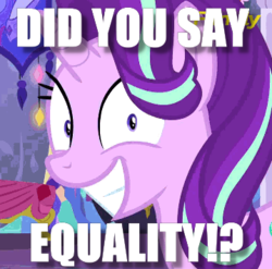 Size: 359x354 | Tagged: safe, edit, edited screencap, screencap, starlight glimmer, pony, unicorn, g4, no second prances, caption, cropped, equality, female, grin, here we go again, horn, image macro, looking at you, mare, meme, smiling, smiling at you, snaplight glimmer, solo, text, this will end in communism, this will end in equalization, triggered, twilight's castle, wide eyes
