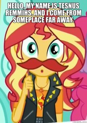 Size: 600x841 | Tagged: safe, edit, edited screencap, screencap, pinkie pie, sunset shimmer, equestria girls, equestria girls specials, g4, my little pony equestria girls: better together, my little pony equestria girls: rollercoaster of friendship, cropped, cute, disguise, fake moustache, geode of empathy, image macro, magical geodes, marge vs the monorail, meme, memeful.com, photo booth (song), shimmerbetes, solo focus, the simpsons