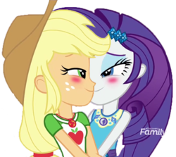 Size: 790x705 | Tagged: safe, edit, edited screencap, screencap, applejack, rarity, equestria girls, equestria girls specials, g4, my little pony equestria girls: better together, my little pony equestria girls: rollercoaster of friendship, background removed, blushing, discovery family logo, duo, female, kissing, lesbian, ship:rarijack, shipping, simple background, transparent background