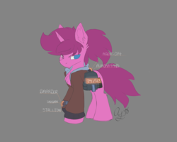 Size: 1280x1024 | Tagged: safe, artist:aurorafang, oc, oc only, oc:aurorafang, pony, unicorn, clothes, colored, gray background, heterochromia, jacket, male, saddle bag, simple background, sketch, solo, stallion, tom clancy's the division