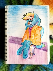 Size: 2797x3729 | Tagged: safe, artist:shoeunit, rainbow dash, pegasus, pony, g4, clothes, coat, colored pencil drawing, female, high res, mare, sitting, sketchbook, solo, traditional art