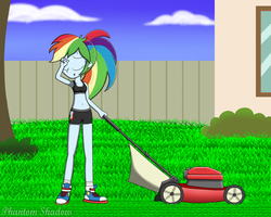 Size: 1024x819 | Tagged: safe, artist:phantomshadow051, rainbow dash, equestria girls, g4, alternate hairstyle, belly button, clothes, converse, female, lawn mower, midriff, outdoors, ponytail, shoes, shorts, solo, sports bra, sports shorts, sweat, working