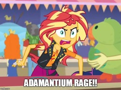 Size: 669x500 | Tagged: safe, edit, edited screencap, screencap, golden hazel, sandalwood, sunset shimmer, parakeet, equestria girls, equestria girls series, g4, rollercoaster of friendship, adamantium rage, angry, atop the fourth wall, geode of empathy, it's not about the parakeet, linkara, meme, messy hair, rage, rageset shimmer, solo focus, that pony sure have anger issues