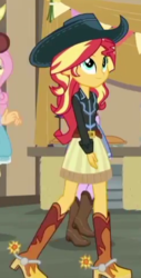 Size: 243x478 | Tagged: safe, screencap, fluttershy, sunset shimmer, twilight sparkle, equestria girls, five to nine, g4, my little pony equestria girls: better together, beautiful, belt, boots, clothes, cowboy boots, cowboy hat, cowgirl, cowgirl outfit, cropped, cute, female, hat, high heel boots, shimmerbetes, shoes, skirt, spurs, stetson