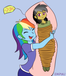 Size: 867x1000 | Tagged: safe, artist:empyu, daring do, rainbow dash, equestria girls, g4, 30 minute art challenge, blue background, body pillow, clothes, daring daki, discount, eyes closed, open mouth, ropes, signature, simple background, solo