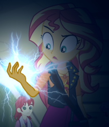 Size: 857x1000 | Tagged: safe, artist:razoredge2312, edit, edited screencap, screencap, nolan north, sunset shimmer, equestria girls, equestria girls specials, g4, my little pony equestria girls: better together, my little pony equestria girls: forgotten friendship, background human, chidori, cropped, hand, lightning, photoshop, photoshop touch, sunset holding things