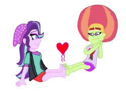 Size: 2933x2200 | Tagged: safe, artist:ktd1993, starlight glimmer, equestria girls, g4, afro, barefoot, feet, female, footsie, heart, high res, lesbian, shipping, simple background, starhugger, transparent background