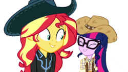 Size: 1280x720 | Tagged: dead source, safe, artist:php77, editor:php77, sci-twi, sunset shimmer, twilight sparkle, equestria girls, five to nine, g4, my little pony equestria girls: better together, cowboy hat, cowgirl, cowgirl outfit, cute, duo, hat, shimmerbetes, simple background, stetson, transparent background, twiabetes