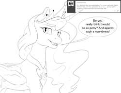 Size: 6600x5100 | Tagged: safe, artist:silfoe, nightmare moon, alicorn, pony, moonsetmlp, g4, absurd resolution, alternate universe, ask, black and white, dialogue, female, grayscale, lineart, mare, monochrome, sharp teeth, simple background, solo, speech bubble, teeth, tumblr, white background