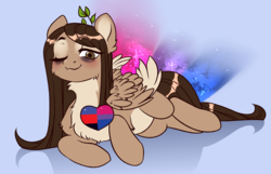 Size: 3000x1928 | Tagged: safe, artist:helemaranth, oc, oc only, oc:helemaranth, pegasus, pony, rcf community, bisexual pride flag, female, lgbt, mare, one eye closed, polyamory, pride, prone, solo