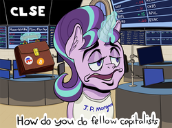 Size: 1340x1000 | Tagged: safe, artist:easydays, starlight glimmer, pony, unicorn, g4, 30 rock, bitcoin, capitalism, cryptocurrency, drawthread, glowing horn, horn, how do you do fellow kids, magic, male, meme, ponified, republican, solo, steve buscemi, stock exchange, telekinesis