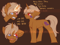 Size: 2000x1500 | Tagged: safe, artist:fkk, oc, oc only, oc:rikkistone, pony, unicorn, adoptable, auction, colored sketch, cutie mark, glowing horn, heterochromia, horn, male, reference sheet, simple background, sketch, solo, stallion