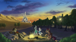 Size: 1920x1074 | Tagged: safe, artist:1jaz, earth pony, pony, zebra, bandana, belt, campfire, city, clothes, colt, eddie dean, forest, frown, grass, hat, jake the dog, lidded eyes, looking up, male, open mouth, oy, ponified, raised hoof, roland deschain, scenery, shirt, sitting, smiling, stallion, sunset, susannah dean, the dark tower, tree, wheelchair