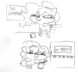 Size: 1555x1440 | Tagged: safe, artist:tjpones, oc, oc only, oc:brownie bun, pony, drink, drinking straw, female, fuck the police, loitering, monochrome, monster, pure unfiltered evil, simple background, sketch, smiling, soda can, some men just want to watch the world burn, white background