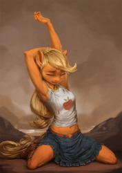 Size: 850x1200 | Tagged: safe, artist:assasinmonkey, applejack, earth pony, anthro, plantigrade anthro, g4, armpits, belly button, belt, boots, clothes, cute, denim skirt, digital painting, equestria girls outfit, eyes closed, female, freckles, kneeling, mare, midriff, shoes, skirt, solo, stretching, tank top