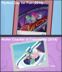 Size: 406x469 | Tagged: safe, screencap, fluttershy, pinkie pie, rainbow dash, rarity, equestria girls, equestria girls series, g4, perfect day for fun, rollercoaster of friendship, comparison, discovery family logo, faic, female, roller coaster