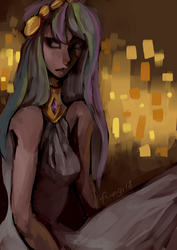 Size: 636x900 | Tagged: safe, artist:rottenfungi, princess celestia, human, g4, abstract background, clothes, dress, female, humanized, signature, solo