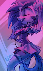 Size: 585x968 | Tagged: safe, artist:holivi, dj pon-3, vinyl scratch, unicorn, anthro, g4, clothes, cute, eyes closed, female, hatching (technique), headphones, limited palette, miniskirt, moe, open mouth, pleated skirt, redraw, skirt, smiling, socks, solo, thigh highs, thighs, zettai ryouiki