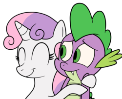 Size: 2149x1741 | Tagged: safe, artist:eagc7, spike, sweetie belle, dragon, pony, unicorn, g4, cute, daaaaaaaaaaaw, female, filly, hug, male, ship:spikebelle, shipping, simple background, smiling, straight, transparent background
