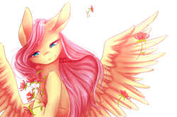 Size: 3871x2549 | Tagged: safe, artist:kiyomit, fluttershy, pegasus, pony, g4, big ears, female, flower, high res, large wings, lidded eyes, mare, signature, simple background, solo, spread wings, white background, wings