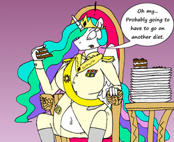 Size: 1280x1046 | Tagged: safe, artist:americananomaly, princess celestia, alicorn, anthro, g4, anthroquestria, belly button, cake, cakelestia, diet, exclamation point, fat, female, food, plate, solo, speech
