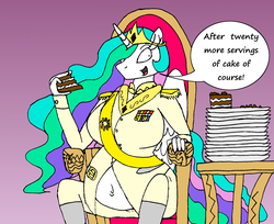 Size: 2536x2072 | Tagged: safe, alternate version, artist:americananomaly, princess celestia, alicorn, anthro, g4, anthroquestria, belly button, cake, cakelestia, fat, female, food, high res, plate, smiling, solo
