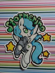 Size: 3120x4160 | Tagged: safe, artist:nephanee, oc, oc only, oc:stormpone, pegasus, pony, badge, clothes, con badge, cute, female, jacket, mare, solo, traditional art