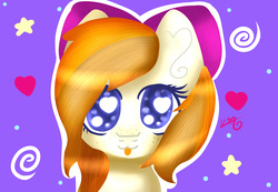 Size: 6500x4500 | Tagged: safe, artist:sweethearts11, oc, oc only, oc:angel cake, pony, :3, absurd resolution, bow, female, hair bow, heart eyes, mare, oc belongs to: dizzy-tm, solo, tongue out, wingding eyes