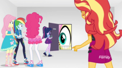 Size: 1283x721 | Tagged: safe, edit, edited screencap, screencap, fluttershy, pinkie pie, rainbow dash, sci-twi, sunset shimmer, twilight sparkle, equestria girls, equestria girls specials, g4, inspiration manifestation, my little pony equestria girls: better together, my little pony equestria girls: rollercoaster of friendship, bird house, converse, discovery family logo, eye, geode of super speed, giantshy, macro/micro, magical geodes, micro, self ponidox, shoes