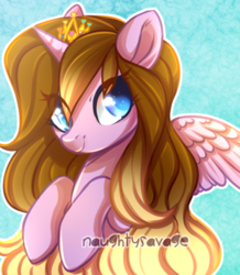 Size: 400x459 | Tagged: safe, artist:cabbage-arts, oc, oc only, oc:rainbow heart, alicorn, pony, abstract background, alicorn oc, blue background, commission, commissioner:bibiwinxclub, female, horn, smiling, solo