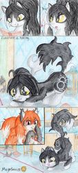 Size: 1901x4200 | Tagged: safe, artist:magnifsunspiration, oc, oc only, oc:foxie goldfish, oc:prettykitty, pony, behaving like a cat, female, laser pointer, mare, traditional art