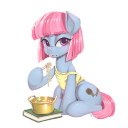 Size: 886x886 | Tagged: safe, artist:mrs1989, oc, oc only, oc:dust spoon, earth pony, pony, book, clothes, eating, female, food, fork, hoof hold, noodles, pot, ramen, simple background, sitting, solo, tank top, tongue out, transparent background