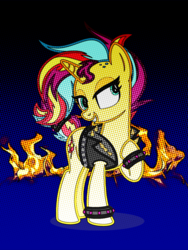 Size: 1200x1600 | Tagged: artist needed, safe, edit, sunset shimmer, pony, unicorn, g4, clothes, female, fiery shimmer, fire, jacket, leather jacket, photoshop touch, solo
