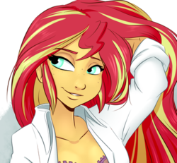Size: 382x353 | Tagged: safe, artist:ponut_joe, edit, sunset shimmer, equestria girls, g4, adorasexy, cropped, cute, female, freckles, lidded eyes, peppered bacon, sexy, shimmerbetes, smiling, solo