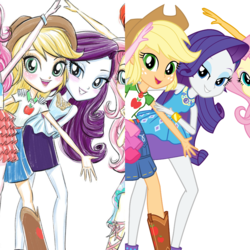 Size: 1080x1080 | Tagged: safe, artist:ritalux, applejack, fluttershy, pinkie pie, rarity, equestria girls, g4, my little pony equestria girls: better together, official, comparison, cute, offscreen character, pose, shipping fuel, simple background, smiling, white background
