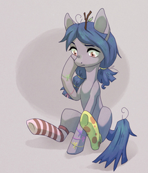 Size: 1216x1419 | Tagged: safe, artist:koviry, oc, oc only, pony, bands, braid, clothes, confused, sitting, socks, solo, striped socks, tree branch