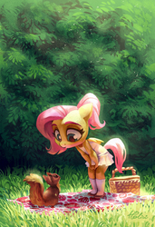 Size: 1535x2244 | Tagged: dead source, safe, artist:holivi, fluttershy, pegasus, squirrel, anthro, plantigrade anthro, g4, basket, blanket, clothes, cottagecore, cute, daaaaaaaaaaaw, female, filly, filly fluttershy, foal, grass, hands on knees, holivi is trying to murder us, looking at each other, miniskirt, outdoors, picnic blanket, ponytail, shoes, shyabetes, skirt, socks, solo, tree, younger