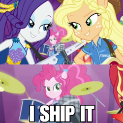 Size: 1080x1080 | Tagged: safe, edit, edited screencap, screencap, applejack, pinkie pie, rarity, equestria girls, equestria girls specials, g4, my little pony equestria girls: better together, my little pony equestria girls: rollercoaster of friendship, caption, discovery family logo, drums, female, i ship it, image macro, lesbian, meme, microphone, musical instrument, offscreen character, pinkie the shipper, ponied up, ship:rarijack, shipper on deck, shipping, shipping fuel, text
