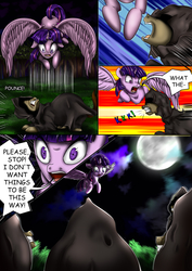 Size: 4299x6071 | Tagged: safe, artist:candyclumsy, twilight sparkle, alicorn, pony, comic:curse and madness, g4, absurd resolution, ambiguous gender, angry, biting, cloak, clothes, comic, cultist, dark, female, flying, forest, hooded cape, mare, mlpcam, moon, night, text bubbles, twilight sparkle (alicorn)
