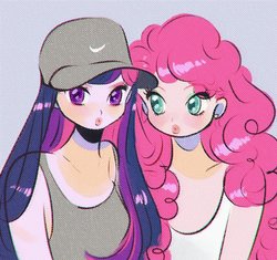 Size: 542x509 | Tagged: safe, artist:mmoriqomm, pinkie pie, twilight sparkle, equestria girls, g4, baseball cap, cap, clothes, duo, ear piercing, earring, female, hat, jewelry, piercing, simple background