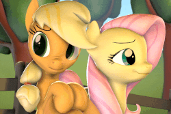 Size: 720x480 | Tagged: safe, artist:hellhounds04, applejack, fluttershy, earth pony, pegasus, pony, g4, 3d, animated, cheek kiss, cute, daaaaaaaaaaaw, duo, expressions, female, jackabetes, kissing, lesbian, mare, scrunchy face, ship:appleshy, shipping, shrunken pupils, shyabetes, silly, silly pony, source filmmaker, surprise kiss, surprised, who's a silly pony
