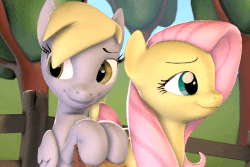 Size: 720x480 | Tagged: safe, alternate version, artist:hellhounds04, derpy hooves, fluttershy, pegasus, pony, g4, 3d, animated, cheek kiss, cute, derpabetes, derpyshy, duo, female, kissing, lesbian, mare, scrunchy face, shipping, shyabetes, source filmmaker, surprise kiss, surprised
