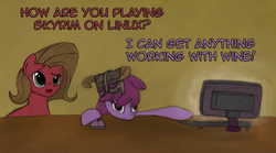 Size: 1280x712 | Tagged: safe, artist:hewison, berry punch, berryshine, oc, oc:pun, earth pony, pony, ask pun, g4, ask, brown background, brown hair, computer, female, green eyes, helmet, mare, pun, purple eyes, purple hair, simple background, skyrim, the elder scrolls
